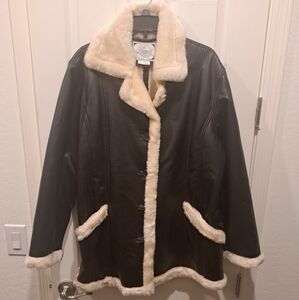 Leather fur trimmed coat